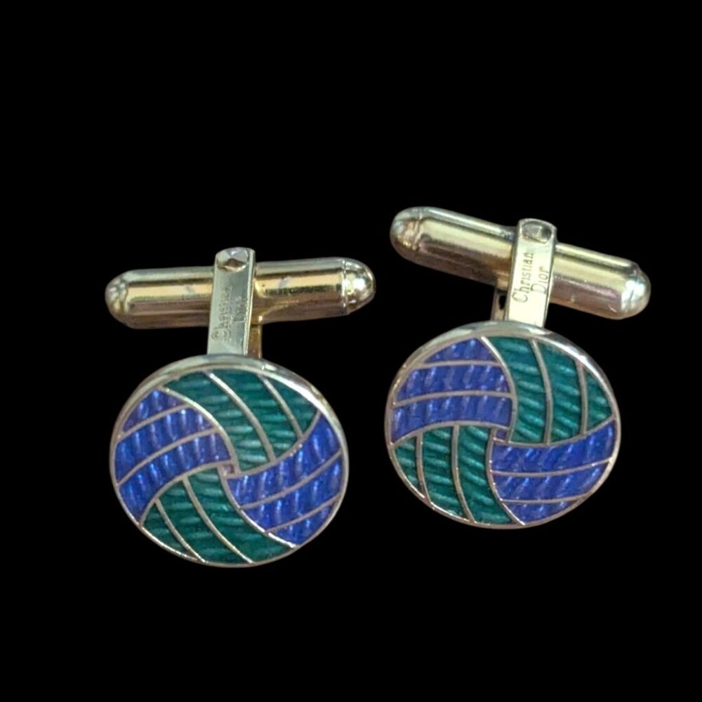 Vintage Christian Dior Enamel Gold-Tone Cufflinks‎ Green & Blue Swirl Design